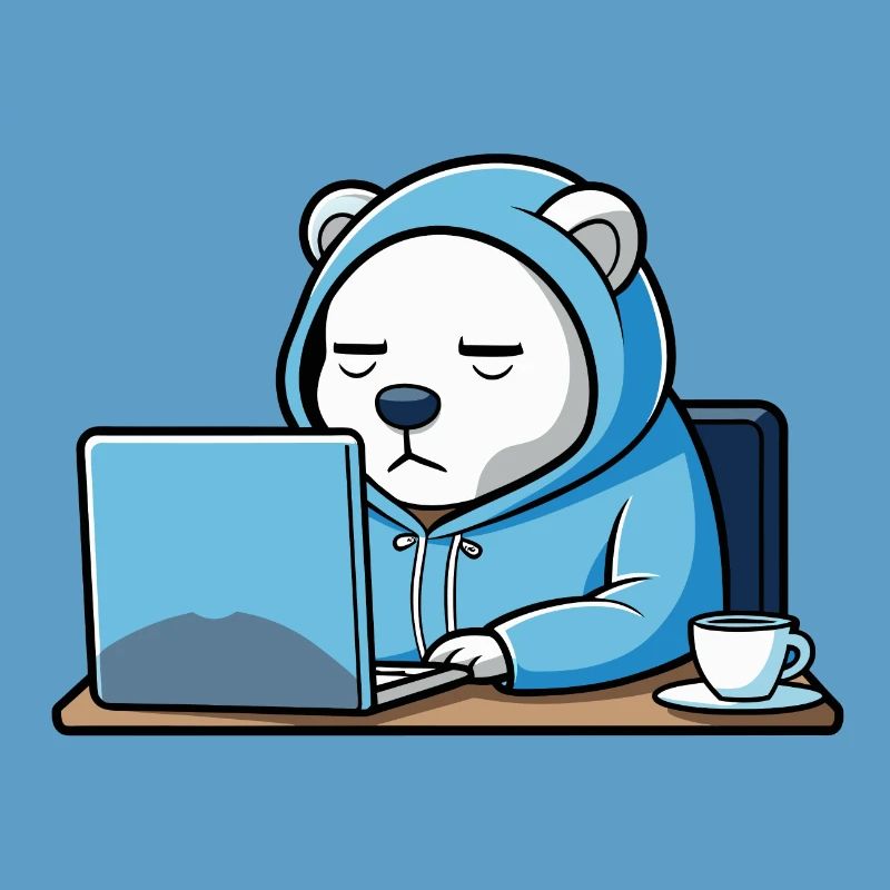 Un ours polaire hacker mignon dort dans un sweat à capuche devant le PC