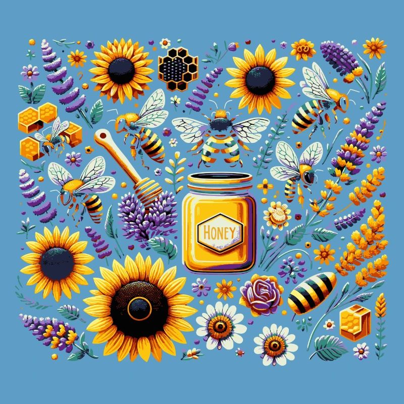 Vibrant, colorful artwork with bees