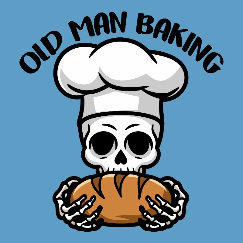 Funny Baker Skull with Bread. Old man bakes