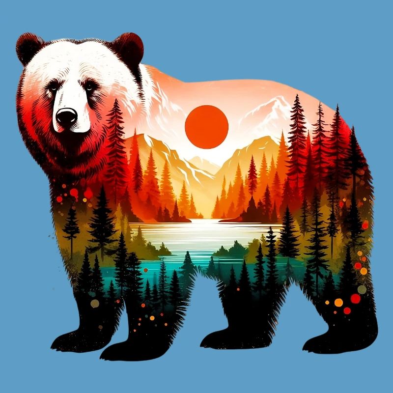 Decorated bear painted with forest landscape