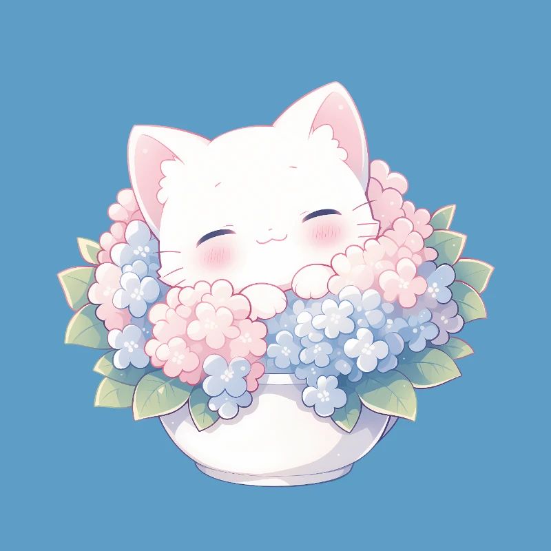 Cute White Cat in Hydrangeas – Kawaii Design