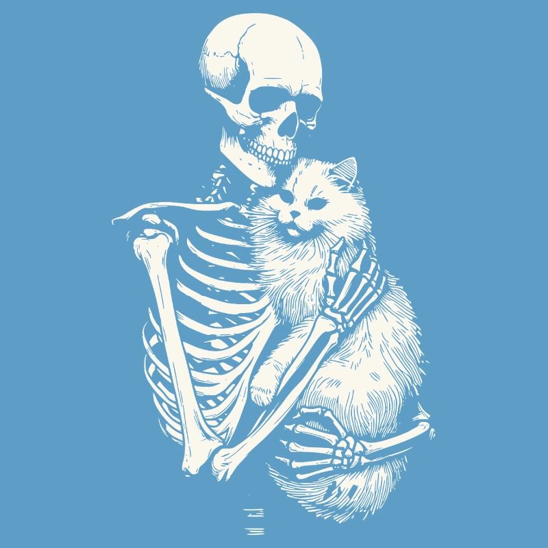 Skeleton hugging cat