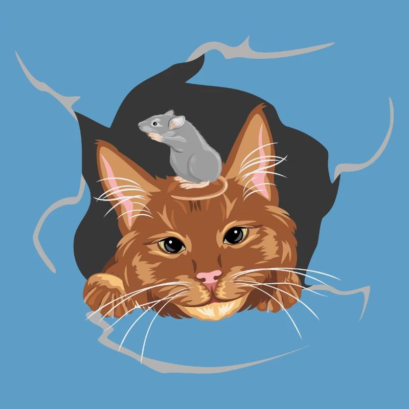 Cat and grey mouse peeks through a broken wall