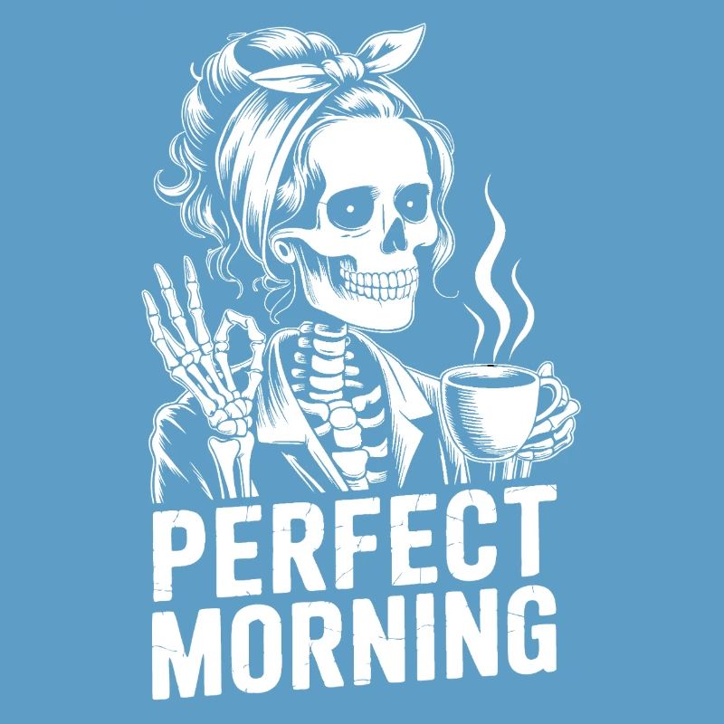 Perfekter Morgen mit Kaffee Skelett mit Kaffeepot