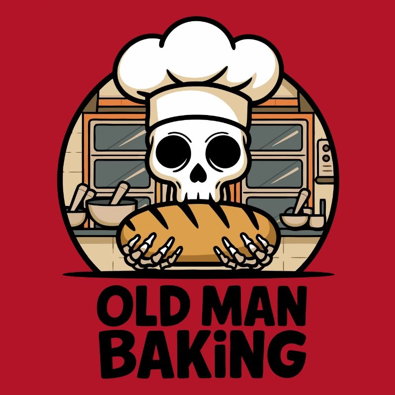 Old Man Baking Skull with Baker's Hat with Bread