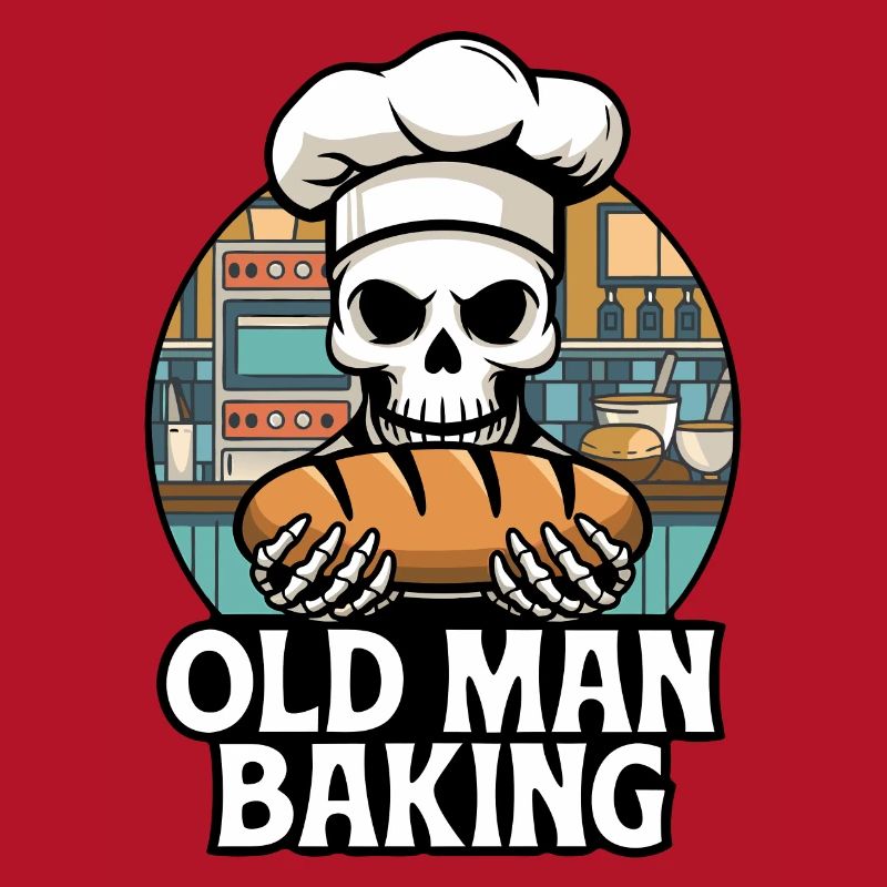 Old Man Baking Skull with Baker's Hat with Bread