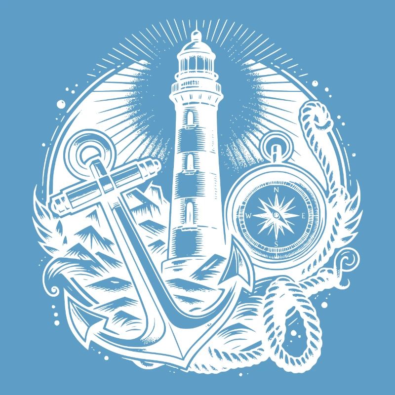 Coastal lighthouse with compass, anchor and light