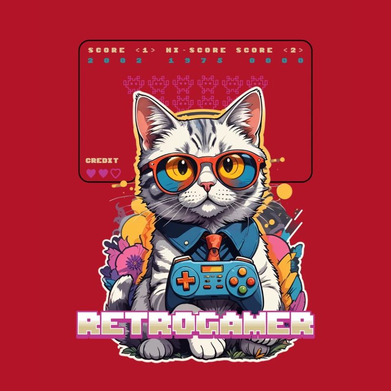 Retro Gaming Katze: Retrogamer mit Controller