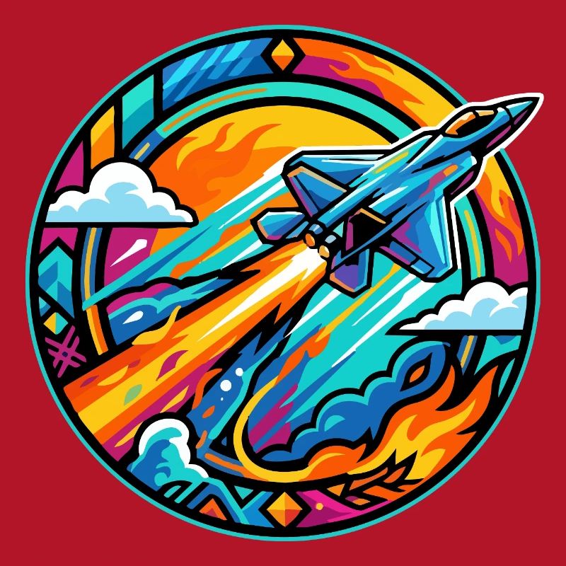 Neon Nozzles Jet in Fire Circle Retro Space Rocket
