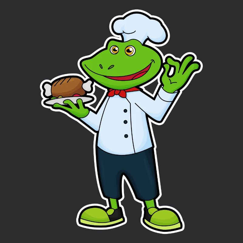 Frosch als Koch mit Servierteller & Hähnchen