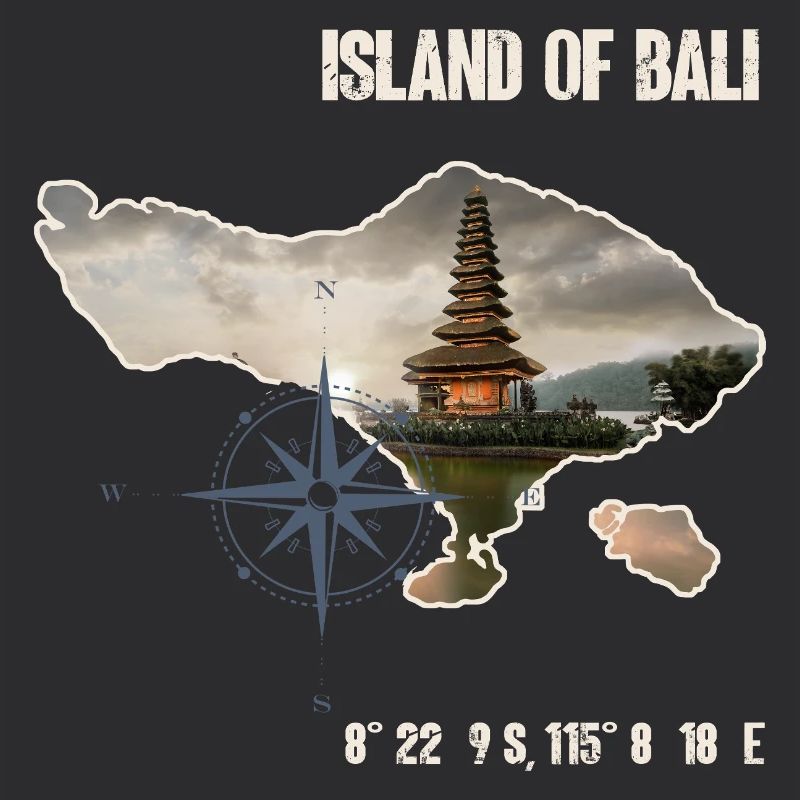 Bali island outline with temple and compass