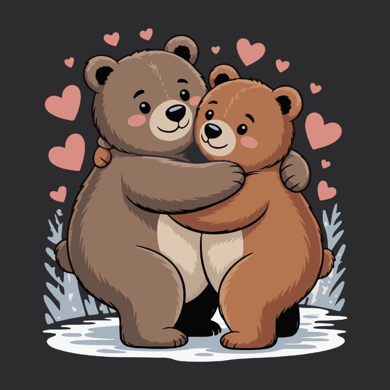 Two bears hug with hearts