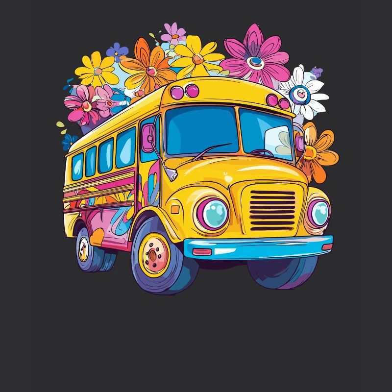Autobus scolaire fleuri dans le style dessin animé
