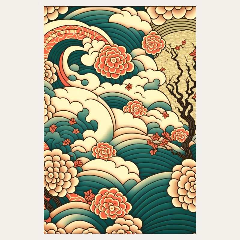 Wave Roses Ukiyo Clouds Pattern