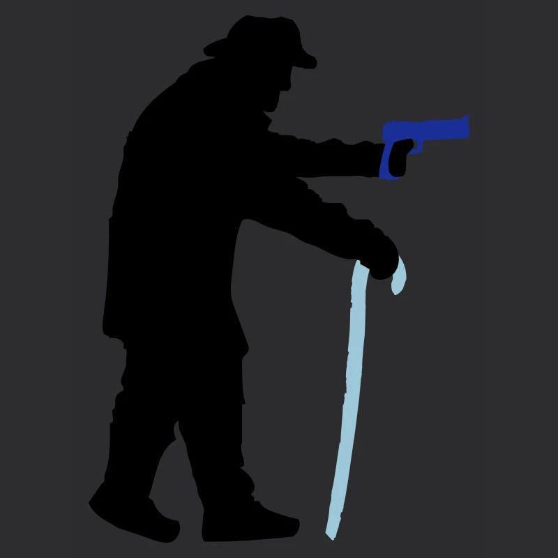 Silhouette de voleur de grand-père avec bâton de marche et arme à feu