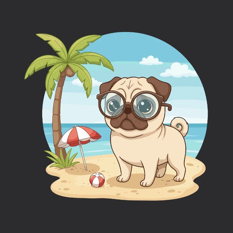 Uroczy mops w okularach na wakacjach na plaży