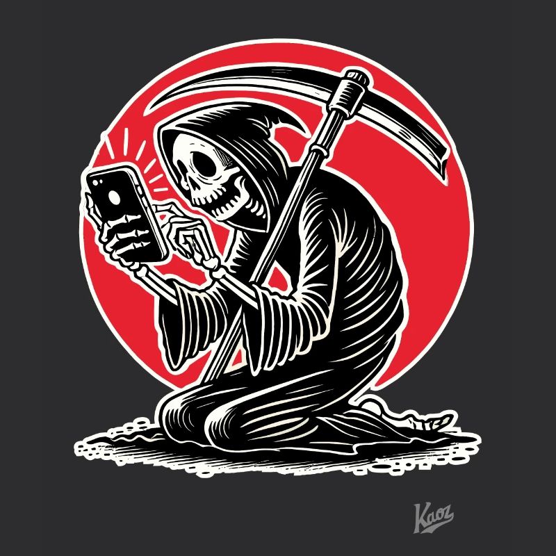 Sensenmann als Doom-Scroller und Smartphone-Zombie