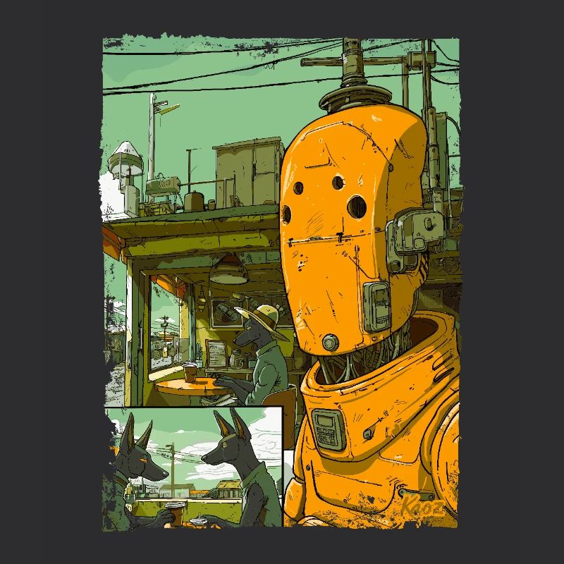 Cartoon einer Sci-Fi-Dystopie mit Roboter