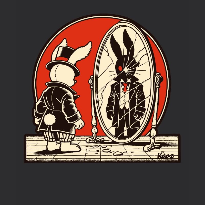 Lapin noir devant un miroir brisé