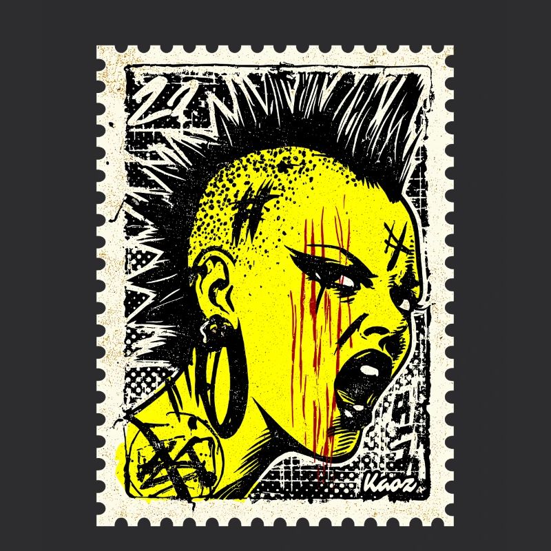 Femme punk sauvage avec mohawk et colère sur timbre-poste