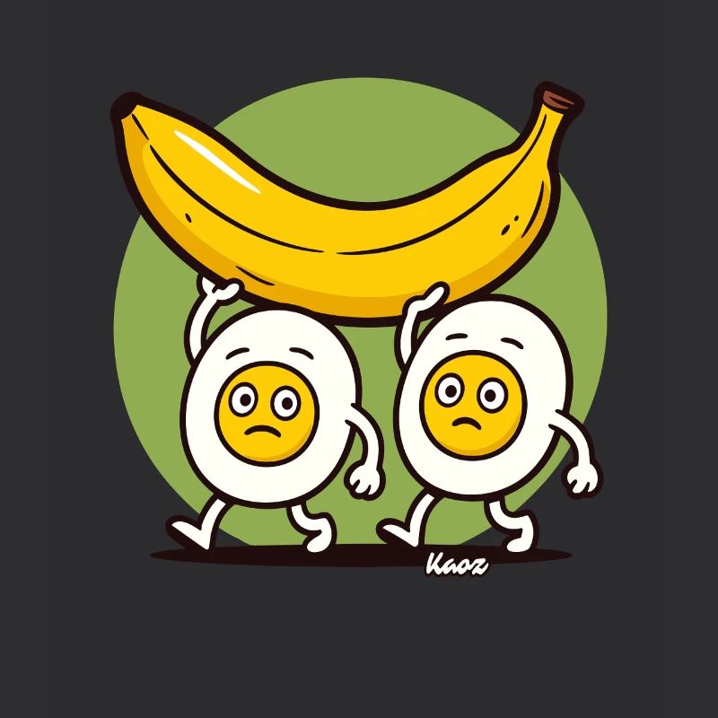 Two sad eggs carry a banana