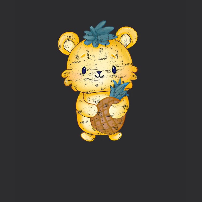 Bear with pineapple in hand and pineapple leaves on