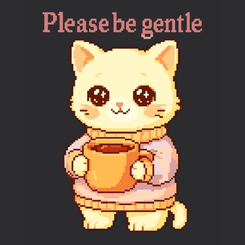 Bitte sei sanft – Pixel Katze mit Tee & Kuschelpul