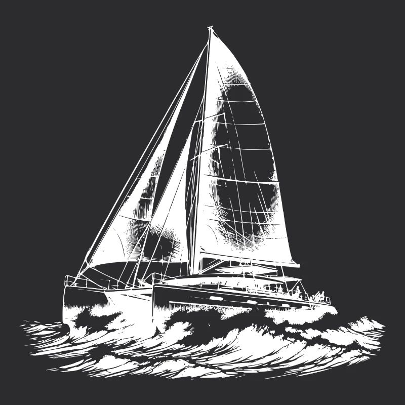 Chic catamaran in waves under sail wind