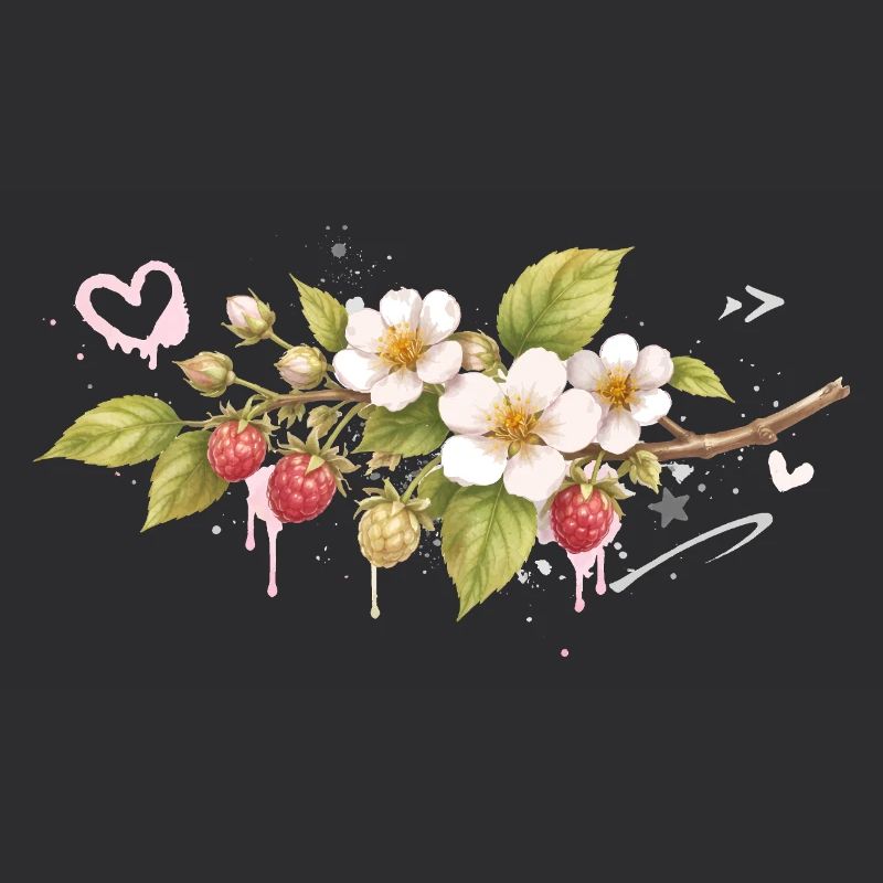 Himbeerzweig mit Blüten Graffiti Stil  