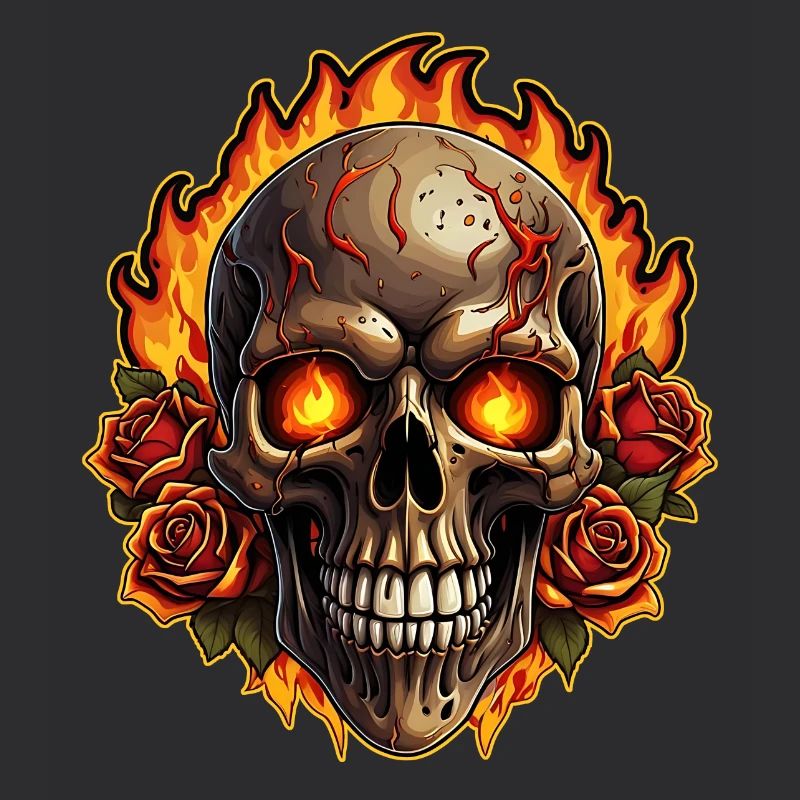 Skull with Fire and Red Roses Burning Skull