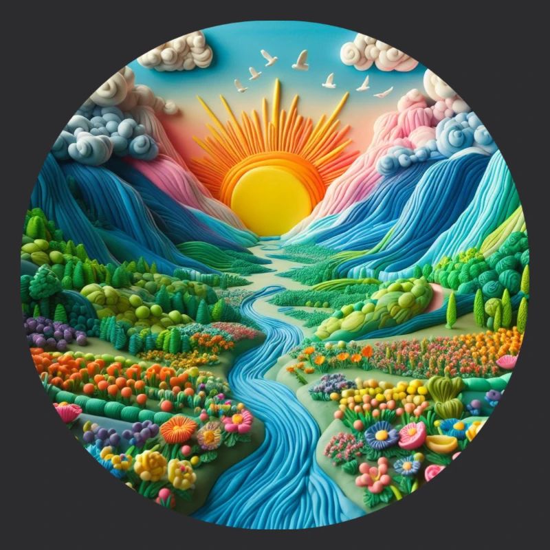 Landschaft bunt mit Sonne Berge und See aus Knete