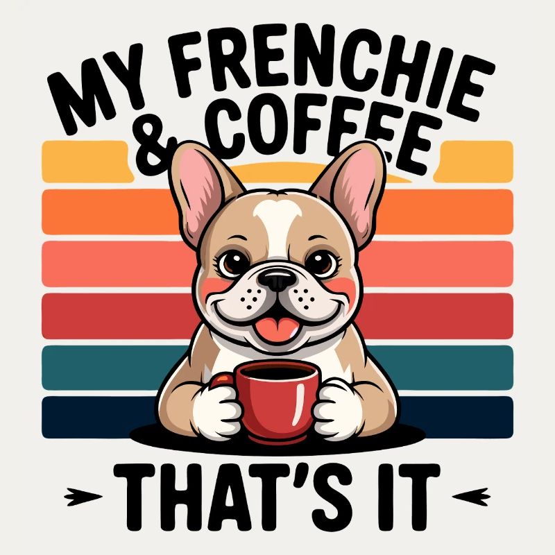 Kaffeetrinkender Frenchie mit Regenbogen