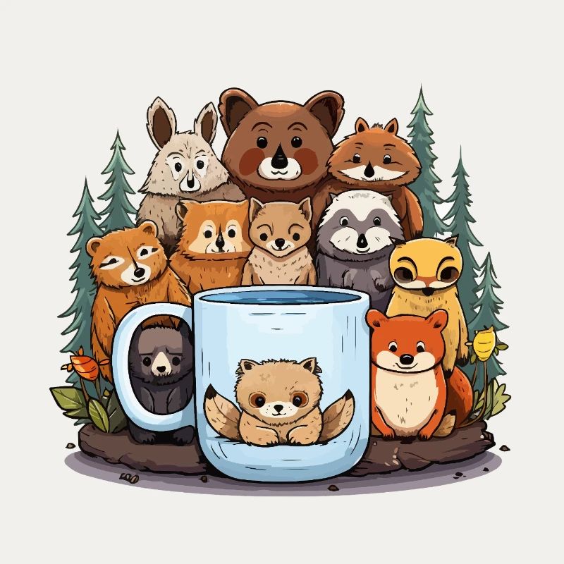 Forest animals around cups