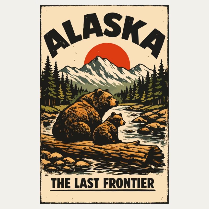 Alaska Frontier Bear Scenery Retro