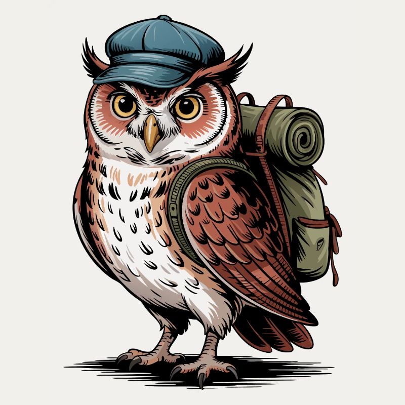 Wandernde Eule mit Rucksack