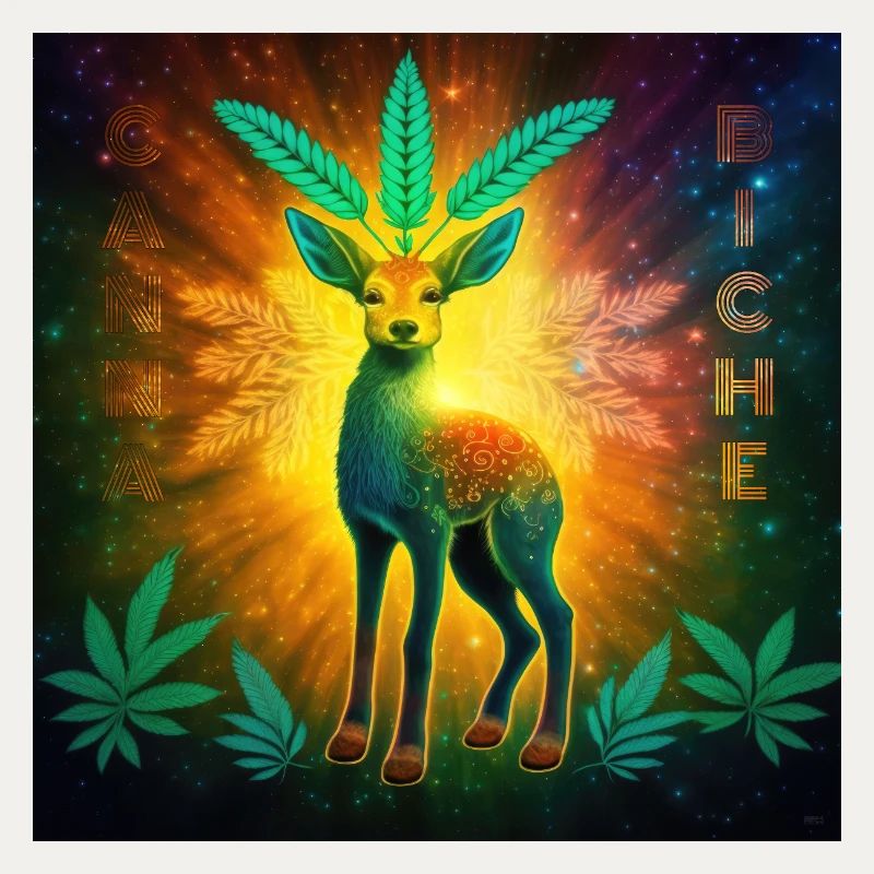 Kosmisches Reh mit Cannabisblättern
