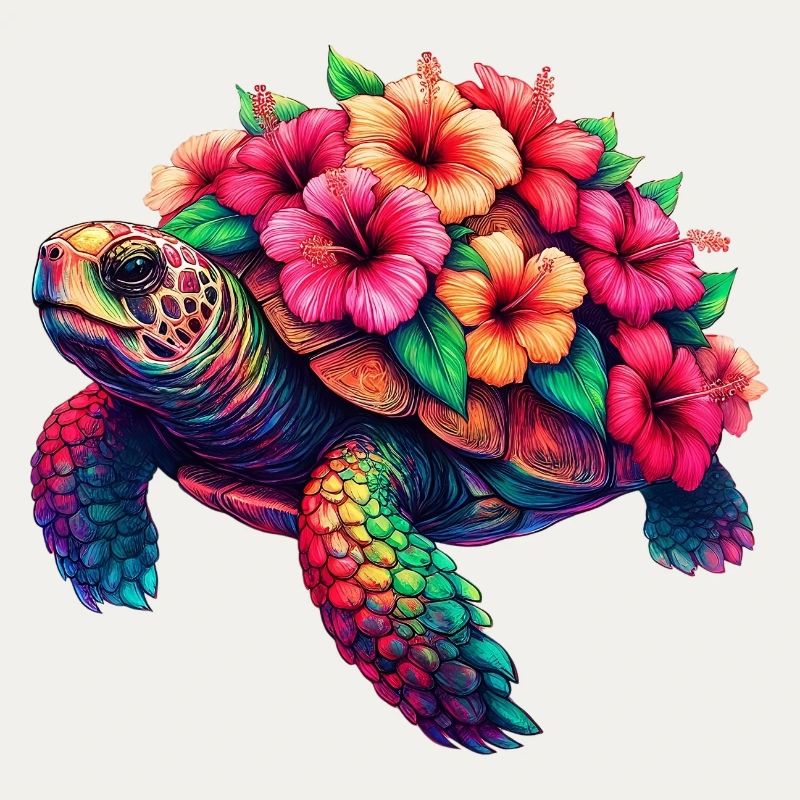 Turtle with Hibiscus Flowers