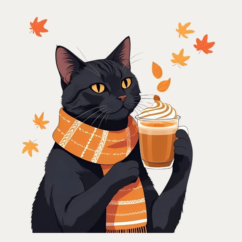 Black Cat with Pumpkin Spice Latte - Fall