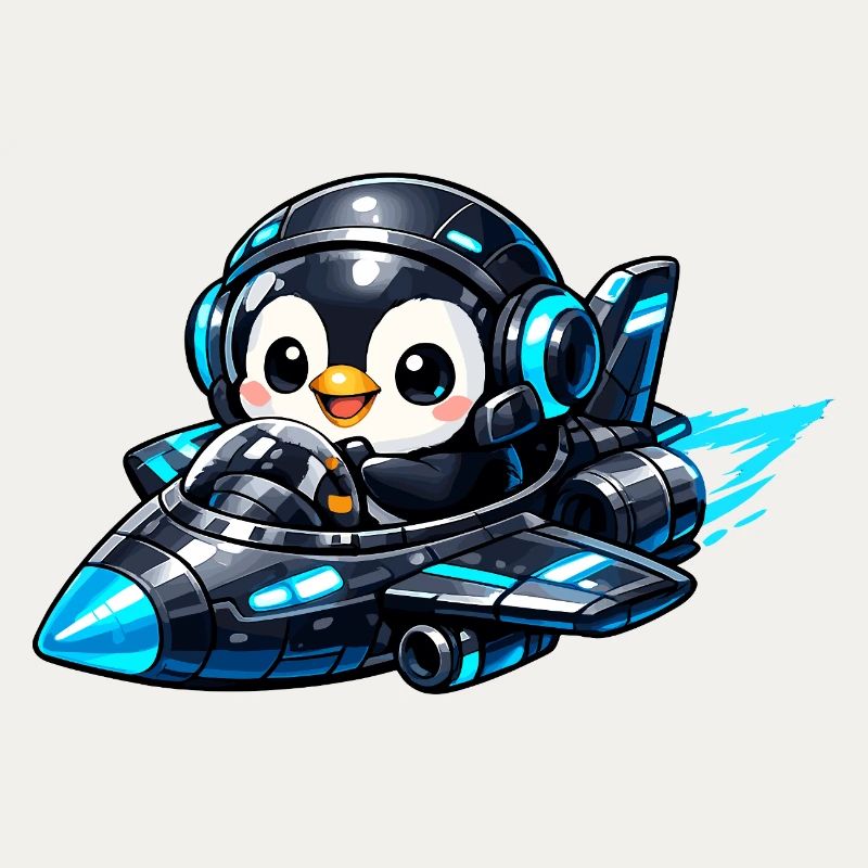 Neon penguin pilot in rocket jet