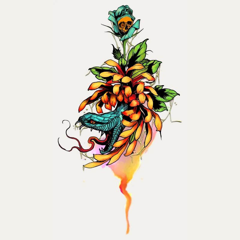 Serpent incroyable avec crâne et fleurs.
