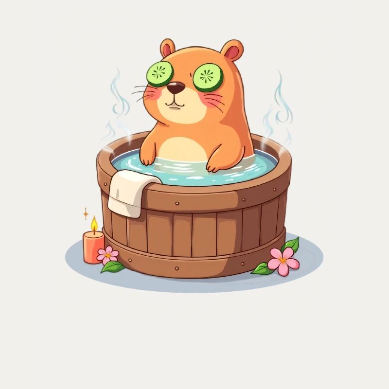 Capybara dans le bain avec des tranches de concombre