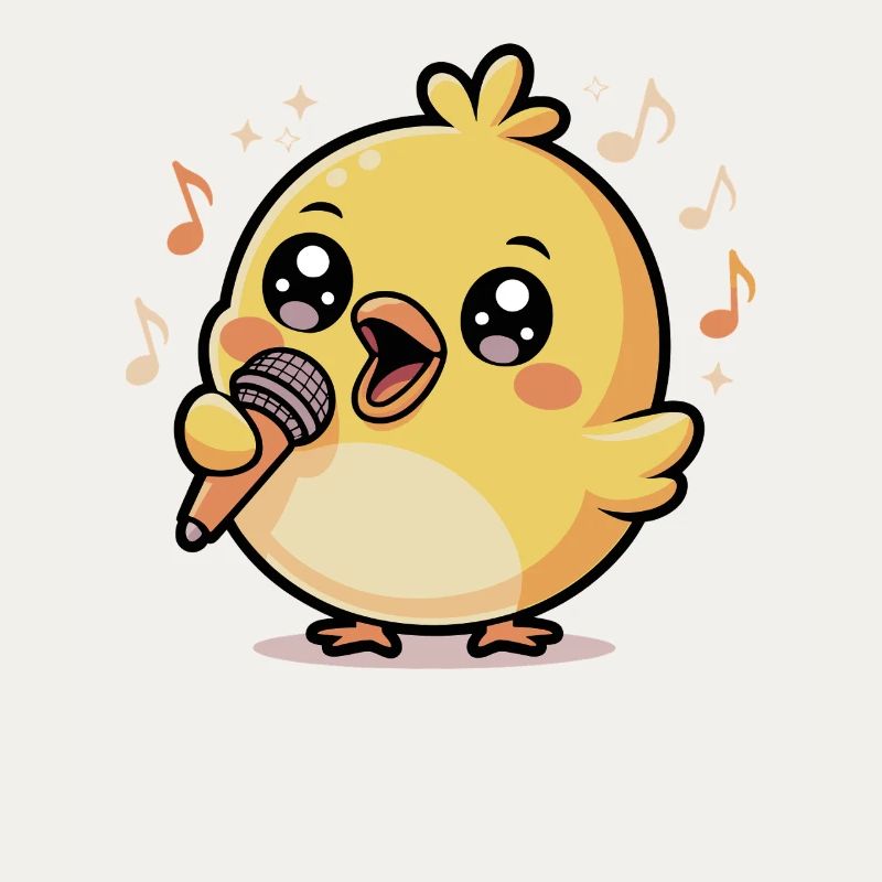 Poussin joyeux qui chante avec un microphone et des notes