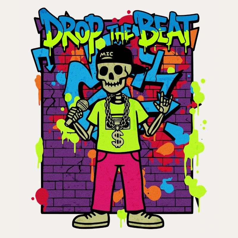 Drop the Beat – Neon Skeleton Rapper Graffiti Années 90