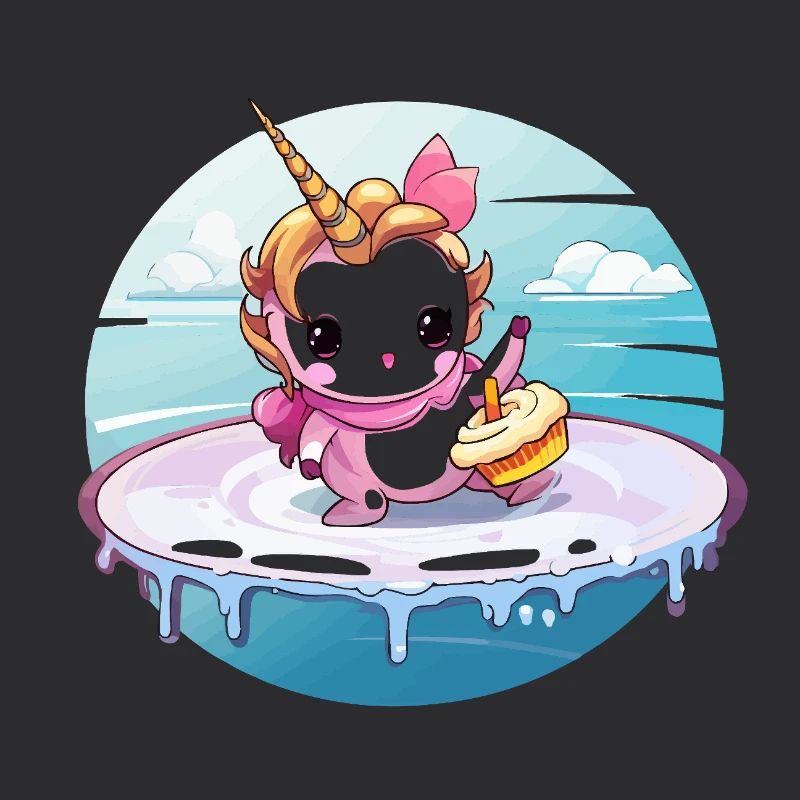 Unicorn on a surfboard with cupcake