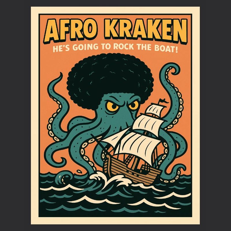 Afro Kraken on the high seas with sailing ship