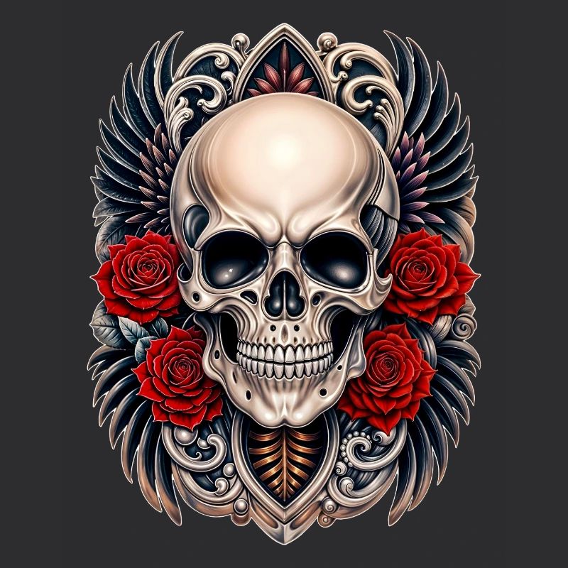 Skull Wings & Red Roses Gothic skull