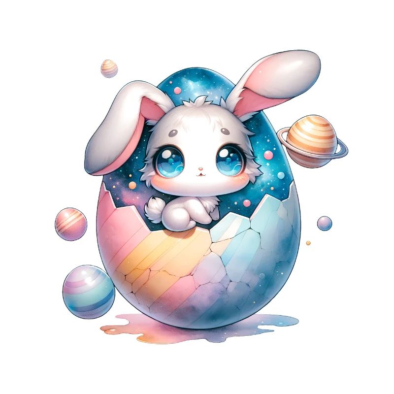 Chibi Space Bunny assis dans un œuf de Pâques fêlé