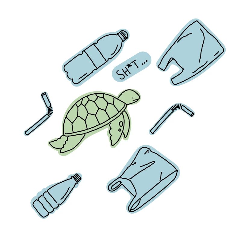 A turtle surrounded by plastic waste