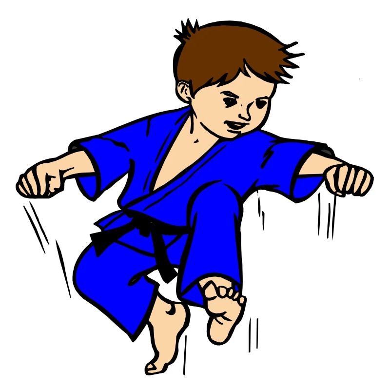 Blauer Anzug Karatekind oder Judokind mit schwarzem Gürtel