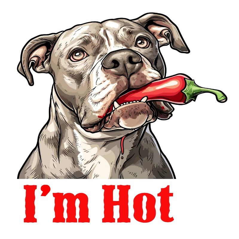 Ein Pitbull mit einer scharfen Paprika im Maul